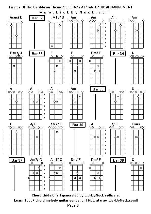 Chord Grids Chart of chord melody fingerstyle guitar song-Pirates Of The Caribbean Theme Song-He's A Pirate-BASIC ARRANGEMENT,generated by LickByNeck software.